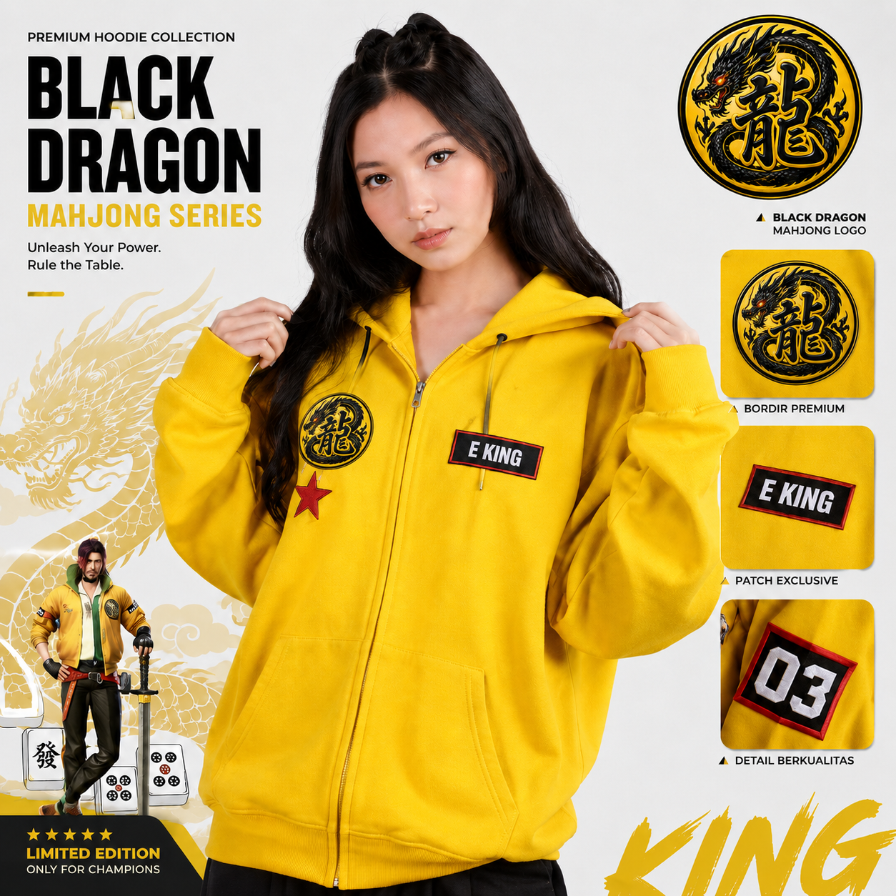 Model wearing Jaket Naga Hitam